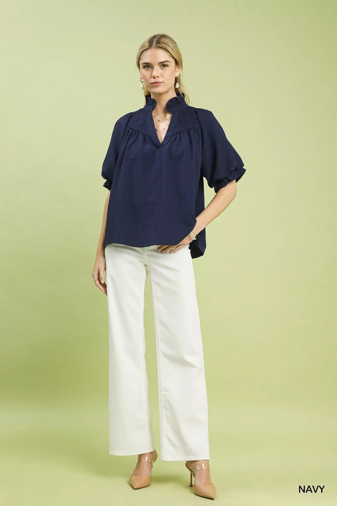 Textured Smocked Yoke Split-Neck Top Umgee