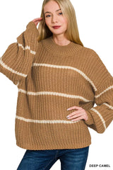  Zenana oversized striped sweater in deep camel with cream stripes, cozy ribbed knit pullover - Simmer & Fay