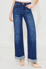 Tummy Control High Rise Wide Leg Cuffed Jeans With Plus Size Risen