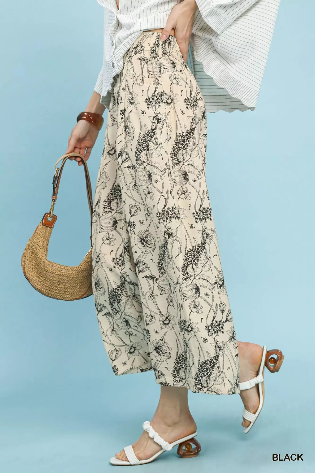 Two Tone Floral Print Pants Umgee