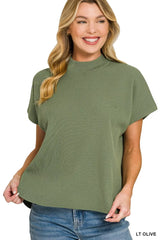 Viscose Mock Neck Short Sleeve Boxy Sweater ZENANA LT OLIVE S