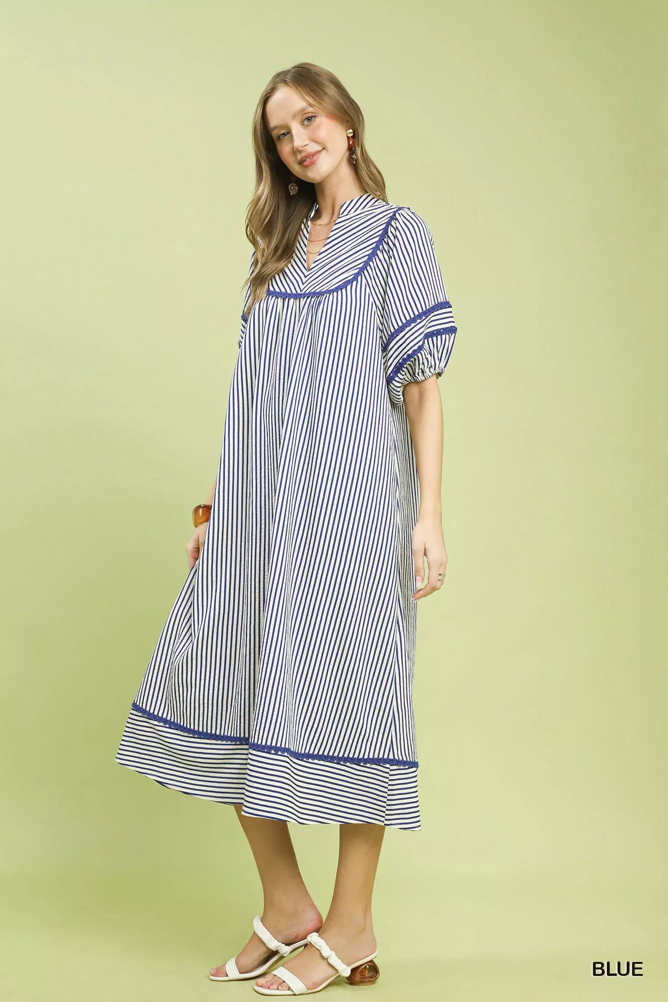 Striped Puff Sleeve Midi Dress Umgee