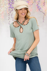 Crisscross Cutout Leopard Contrast Trim T-Shirt Celeste   