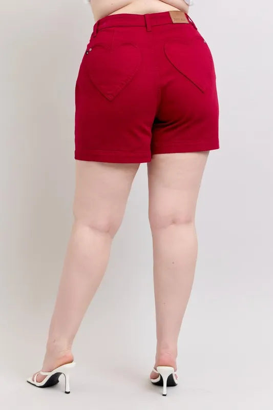 Plus Size High Waist Tummy Control Garment Dyed Heart Shaped Denim Shorts Judy Blue