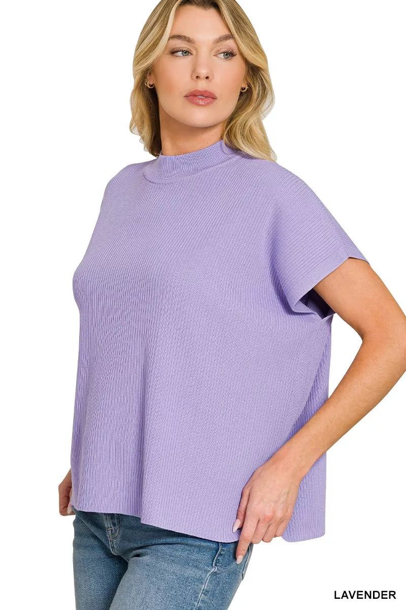 Viscose Mock Neck Short Sleeve Boxy Sweater ZENANA