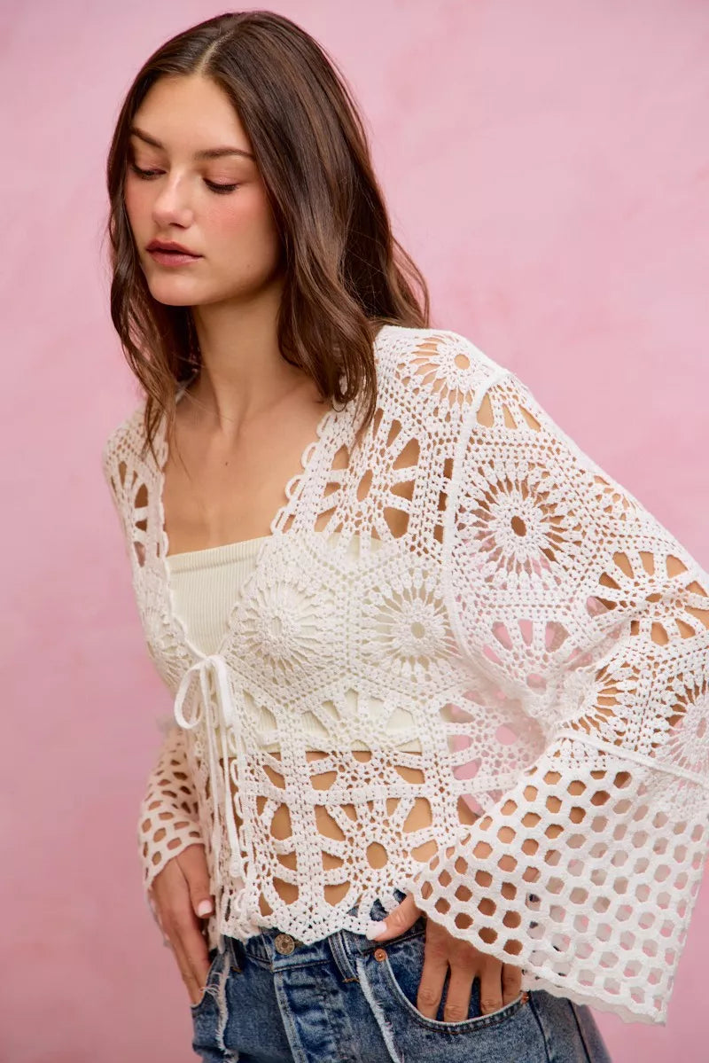 Floral Pattern Crochet Knit Tie Front Crop Cardigan So Me