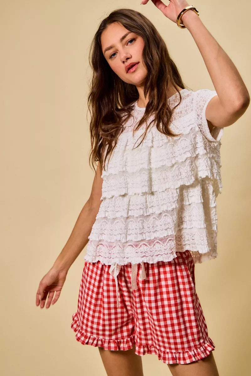 Ruffle Tiered Stretch Lace Short Sleeves Knit Top So Me