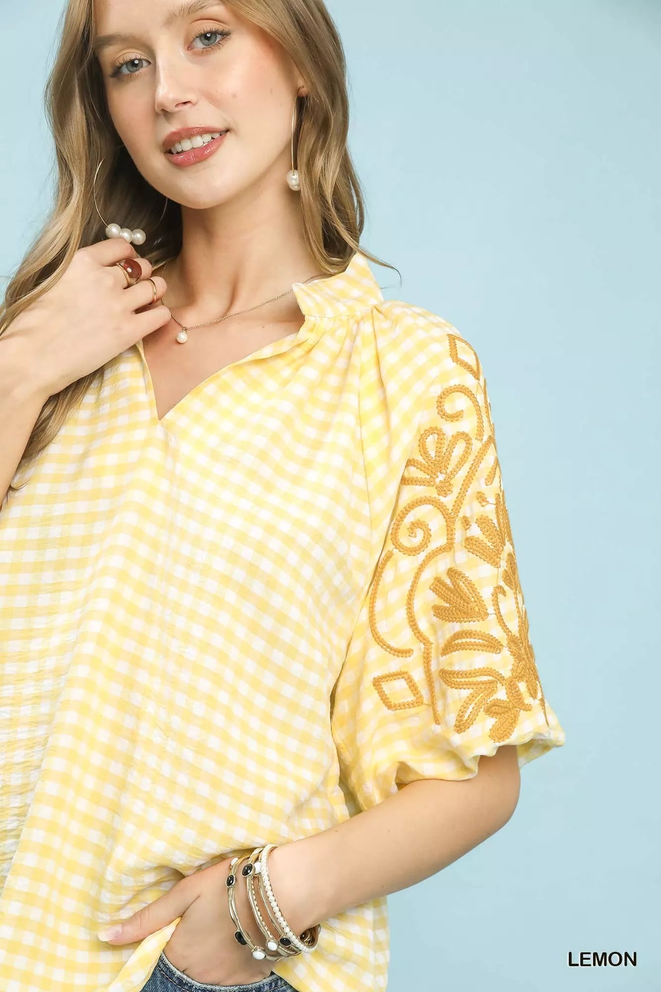 Umgee Gingham Embroidered Balloon Sleeve Top Trendsi