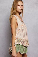Lace Detail Ruffled Ribbed Sleeveless Top with Floral Pattern Trim Detail POL