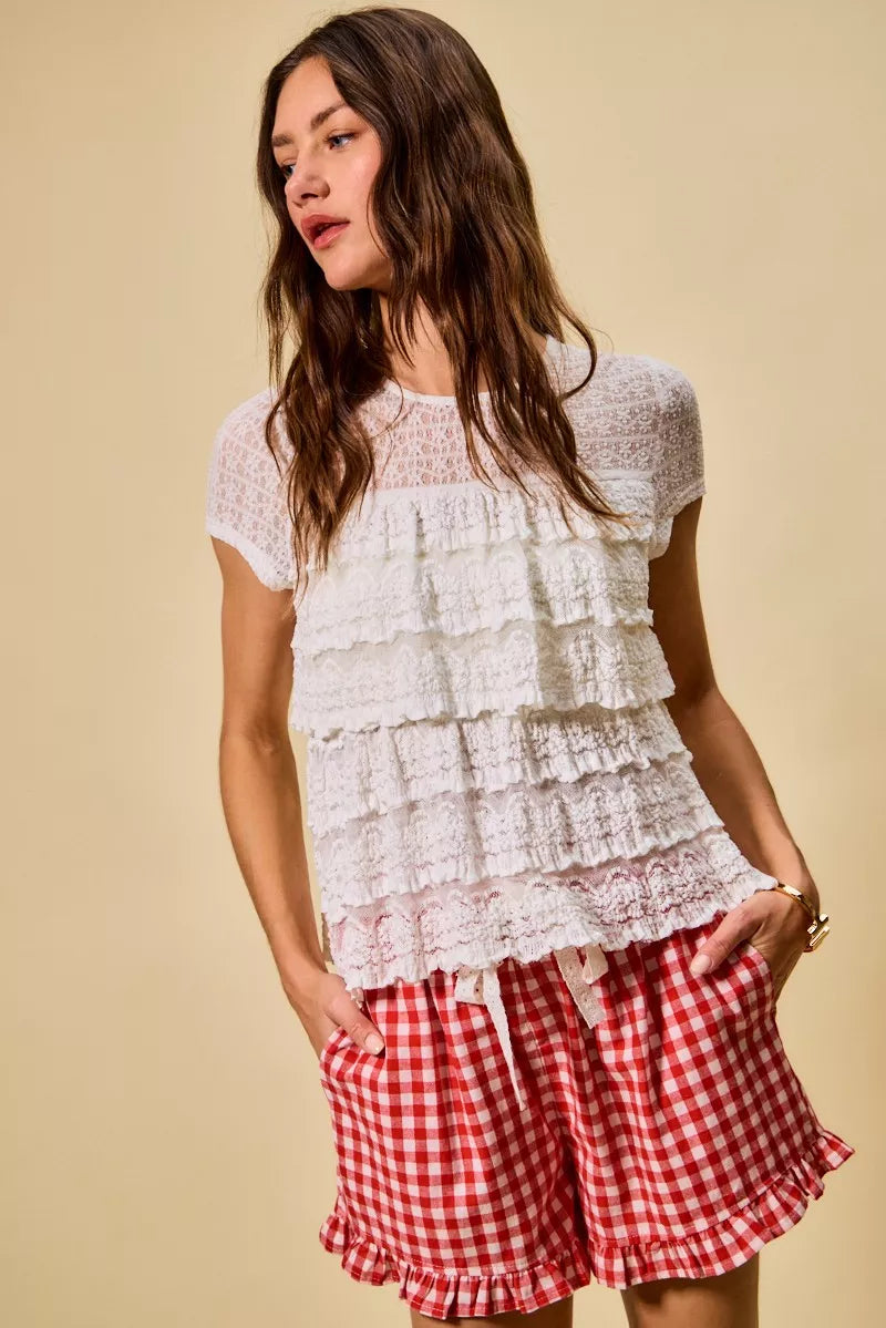 Ruffle Tiered Stretch Lace Short Sleeves Knit Top So Me