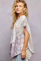 Asymmetrical V-Neck Short Sleeve Lace Top POL