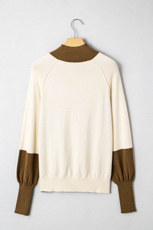 Colorblock Raglan Puff Sleeve Mock Neck Sweater JUNIPER BLVD