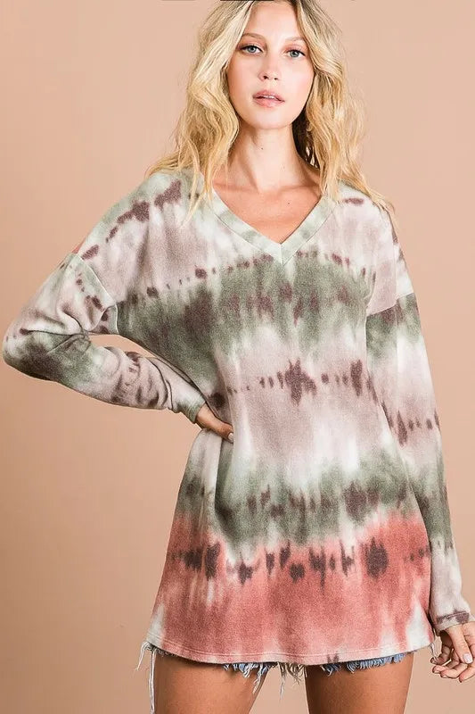 Brushed Tie Dye Looking Print V Neck Top BiBi
