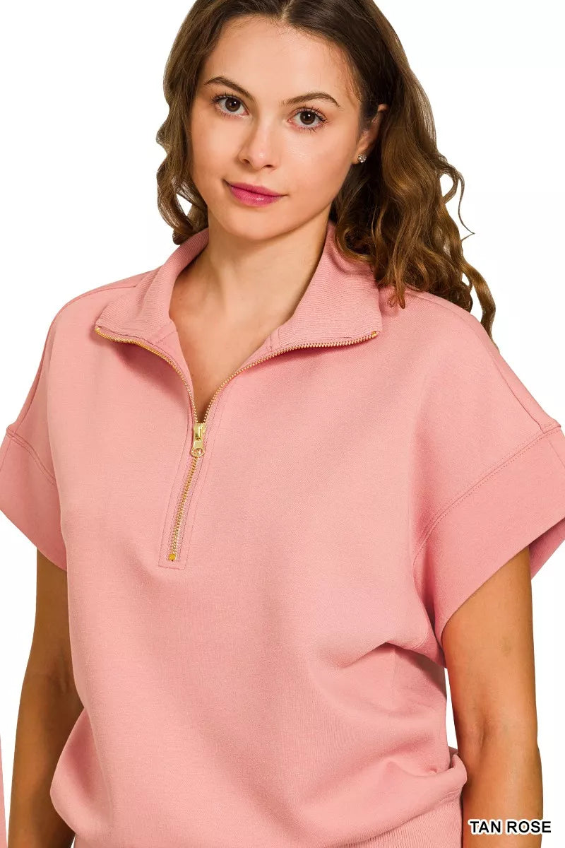 Scuba High Neck Half Zip Short Sleeve Top With Plus Size ZENANA