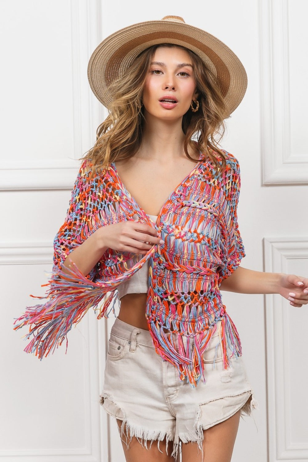 Open Front Fringed Crop Knit Cardigan BiBi   