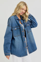 Snap Down Long Sleeve Denim Shacket Risen   