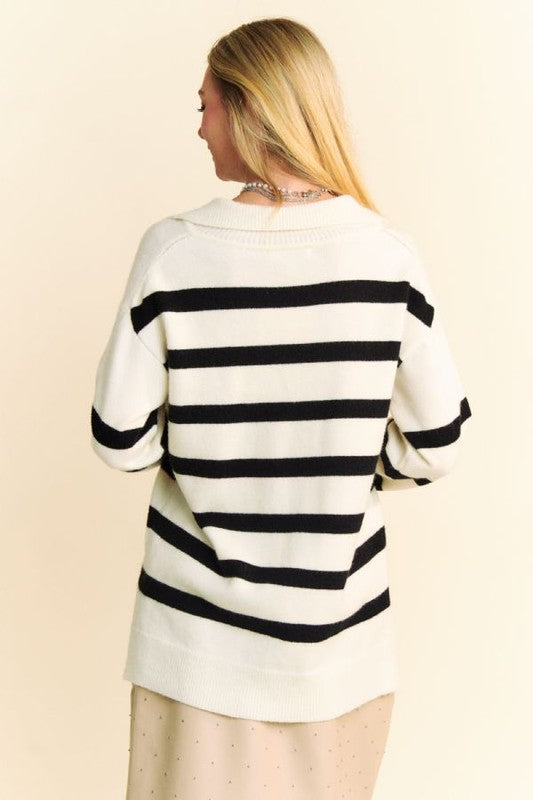 High-Low Side Slit Striped Johnny Collar Sweater Davi & Dani   