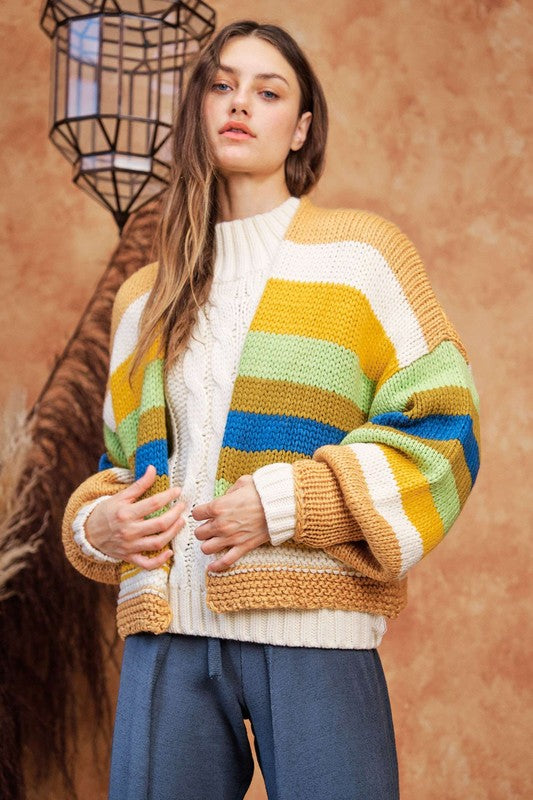 Contrast Striped Open Front Lantern Sleeve Cardigan Davi & Dani Camel Multicolor S