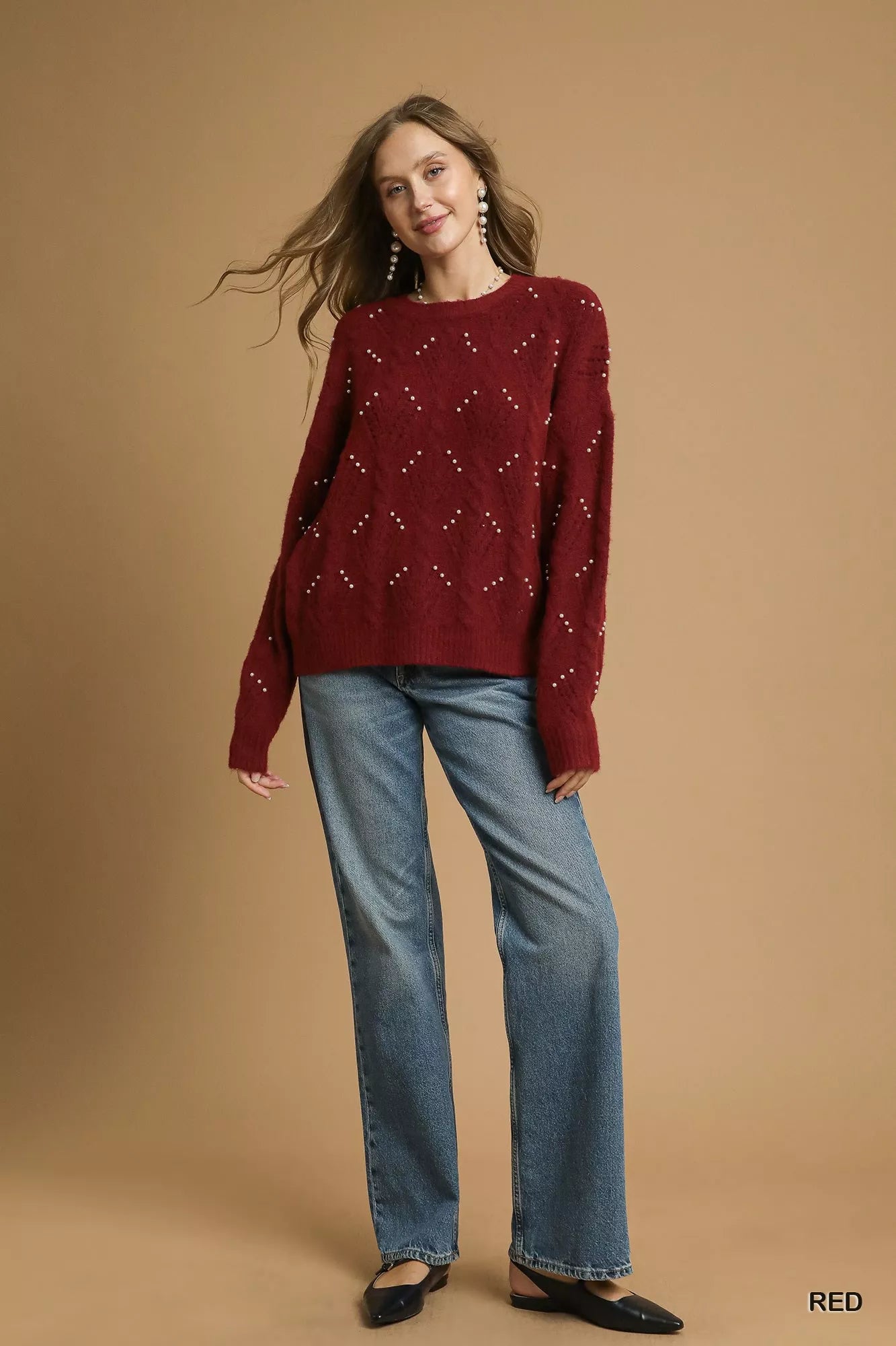 Pearl-Embellished Long Sleeve Sweater Umgee