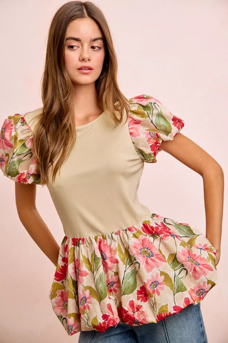 Floral Printed Bubble Sleeves and Hem Peplum Top BiBi FLORAL S