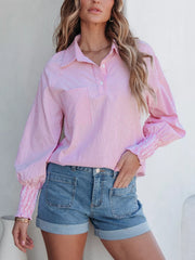 Simmer & Fay pink pinstripe long sleeve blouse with shirt collar, button placket, and smocked cuffs