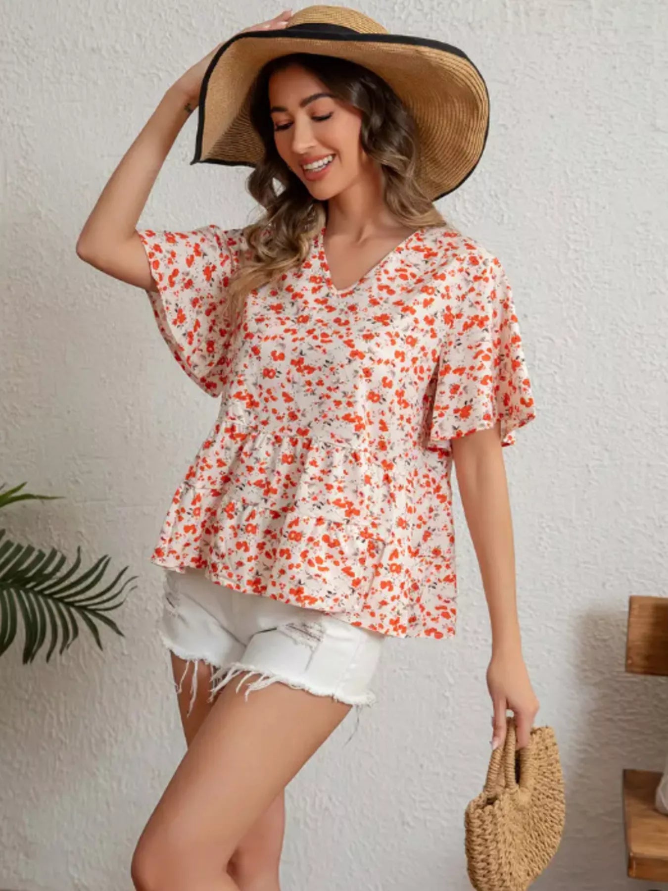 Floral Print V-Neck Ruffle Sleeve Peplum Blouse Simmer & Fay Orange Red S