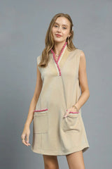 Frill Contrast Trim Sleeveless Mini Dress Umgee Tan XS