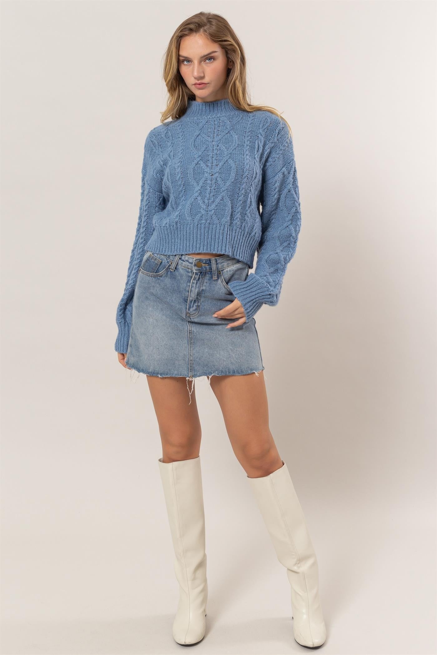 Cable-Knit Mock Neck Dropped Shoulder Sweater HYFVE   