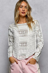 Round Neck Long Sleeve Exposed Seam Top with Lace Detail POL