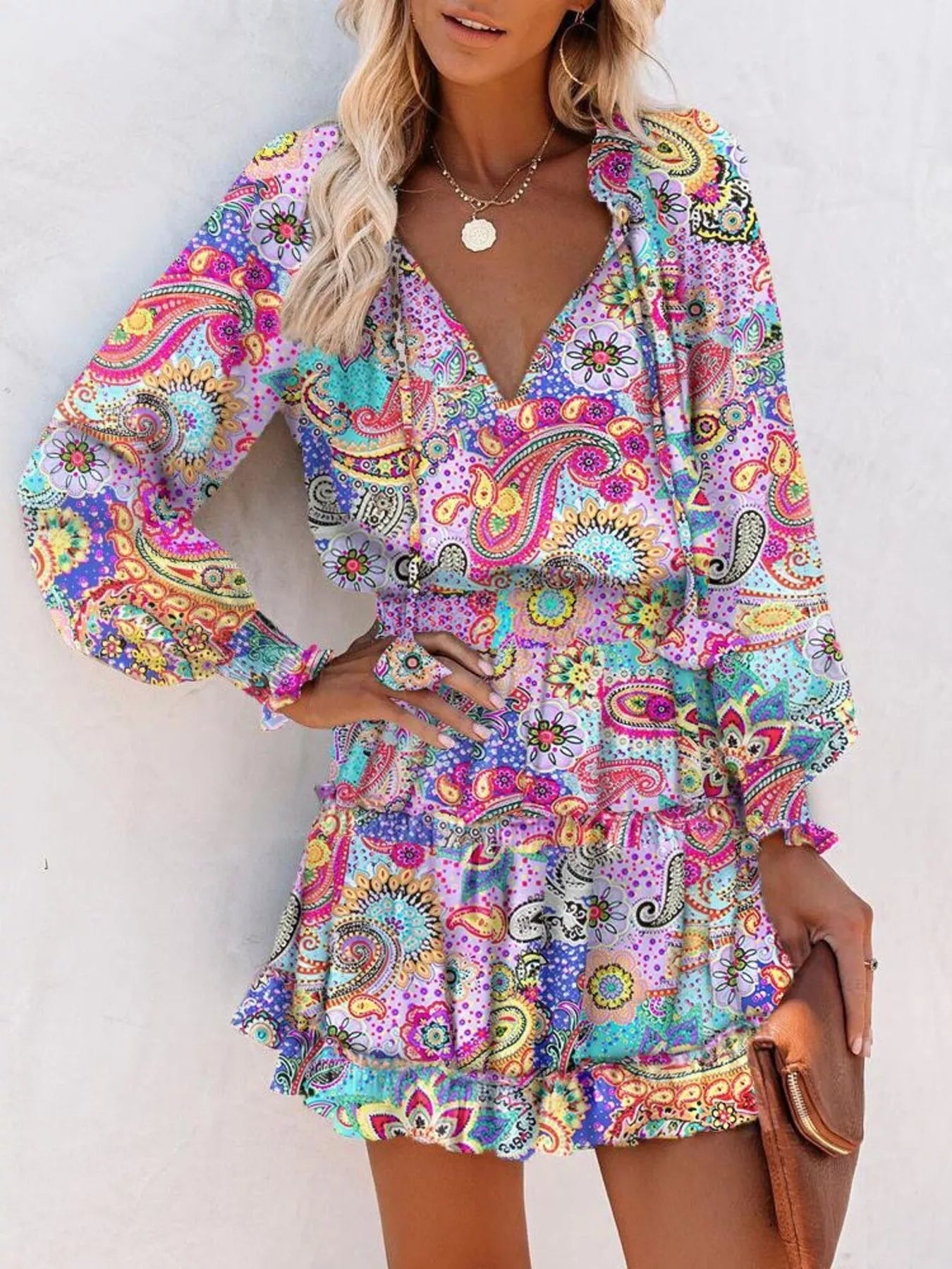 Tie Neck Lantern Sleeve Dress Simmer & Fay Pink Purple S