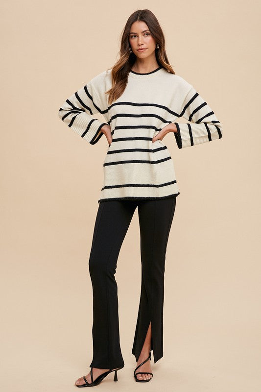 Side Slit Striped Round Neck Sweater Annie Wear