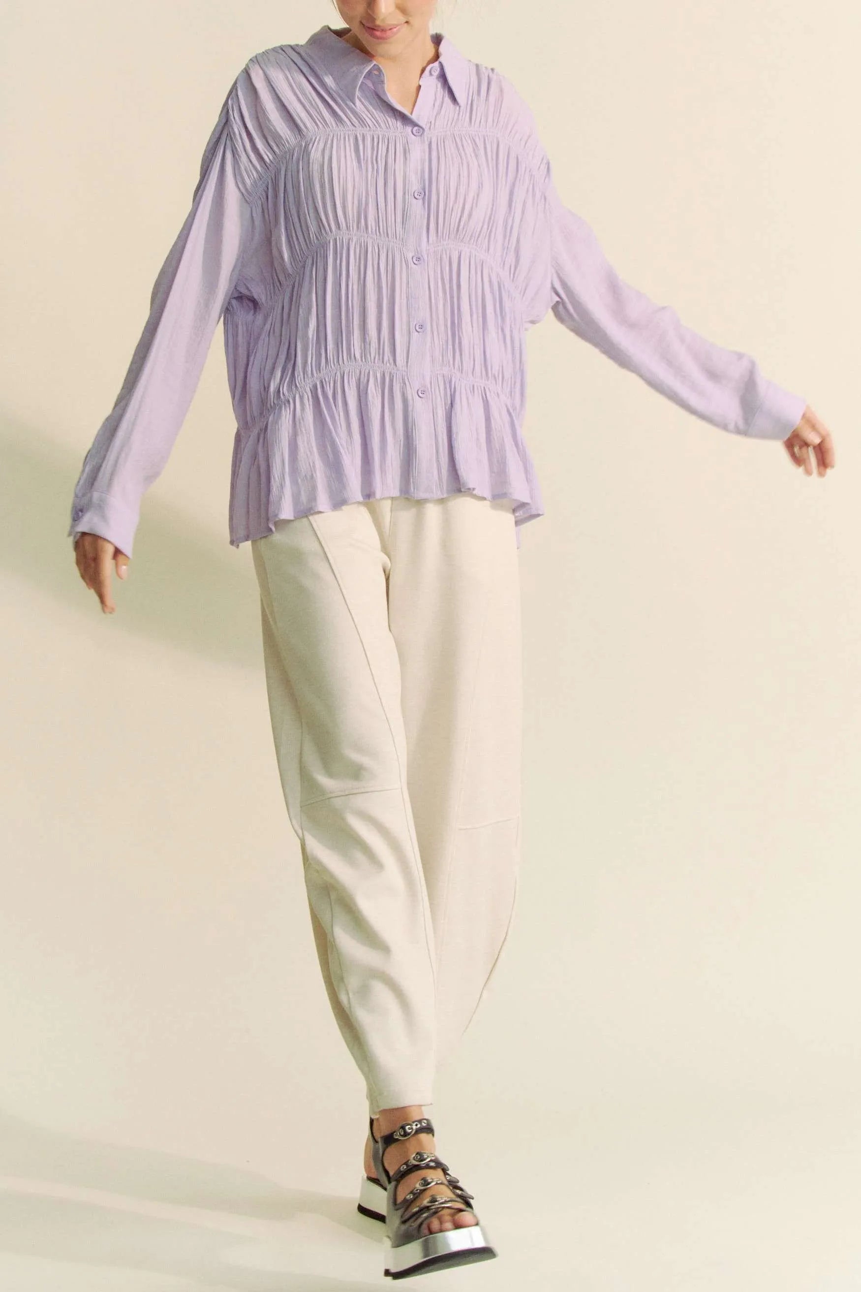 Ruched All Over Button Front Shirt Davi & Dani