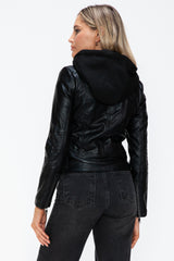 Faux Leather Zip Up Drawstring Hooded Jacket Snobbish