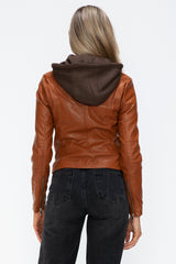 Faux Leather Zip Up Drawstring Hooded Jacket Snobbish