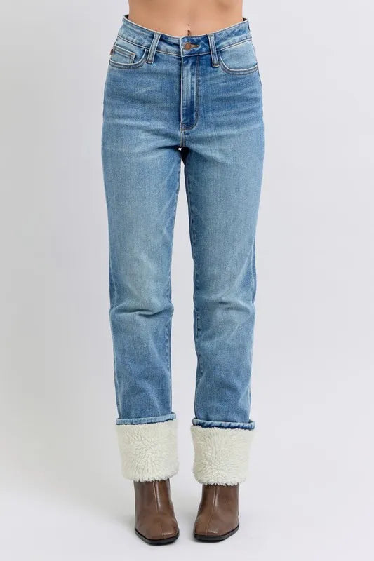 High Waist Shearling Cuff Straight Plus Size Judy Blue MD 0(24)