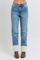 High Waist Shearling Cuff Straight Plus Size Judy Blue MD 0(24)