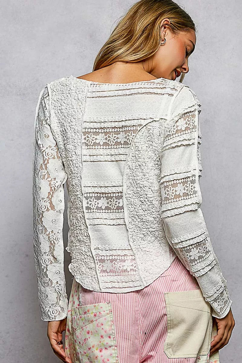 Round Neck Long Sleeve Exposed Seam Top with Lace Detail POL