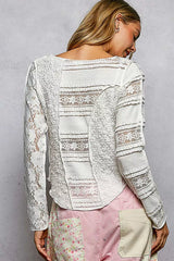 Round Neck Long Sleeve Exposed Seam Top with Lace Detail POL
