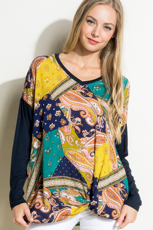 Paisley Mixed Boxy Top - Plus e Luna Navy 1X 