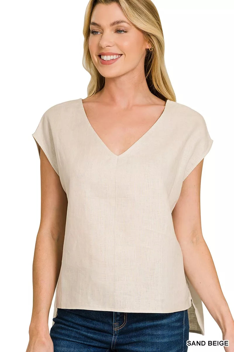 Linen V-Neck Sleeveless Top ZENANA SAND BEIGE S