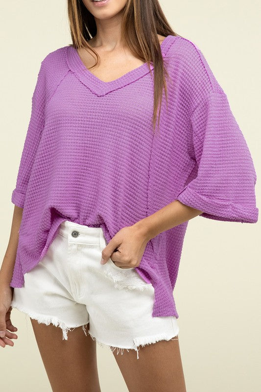 Brushed Waffle Relaxed 3/4 Sleeve Top ZENANA LAVENDER S/M 