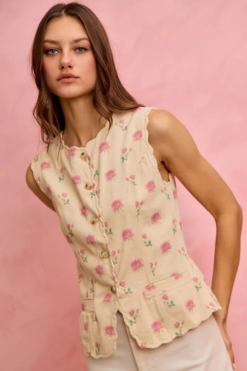 SO ME Floral Rose Cotton Twill Scallop Button Vest Top Trendsi IVORY/PINK S