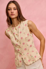 SO ME Floral Rose Cotton Twill Scallop Button Vest Top Trendsi IVORY/PINK S