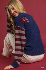 Flower Jacquard Striped Long Sleeve Sweater Umgee