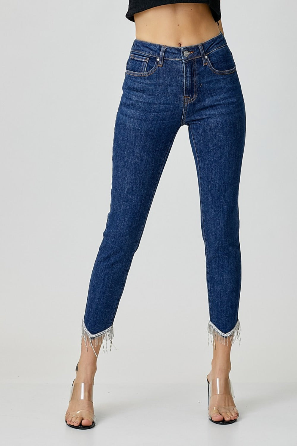 Embellished Mid Rise Crop Skinny Jeans Risen Dark 0(24) 