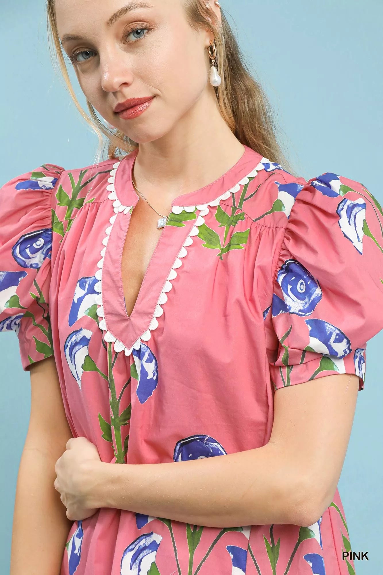 Floral Print Puff Sleeve Mini Dress with Scallop Trim Umgee