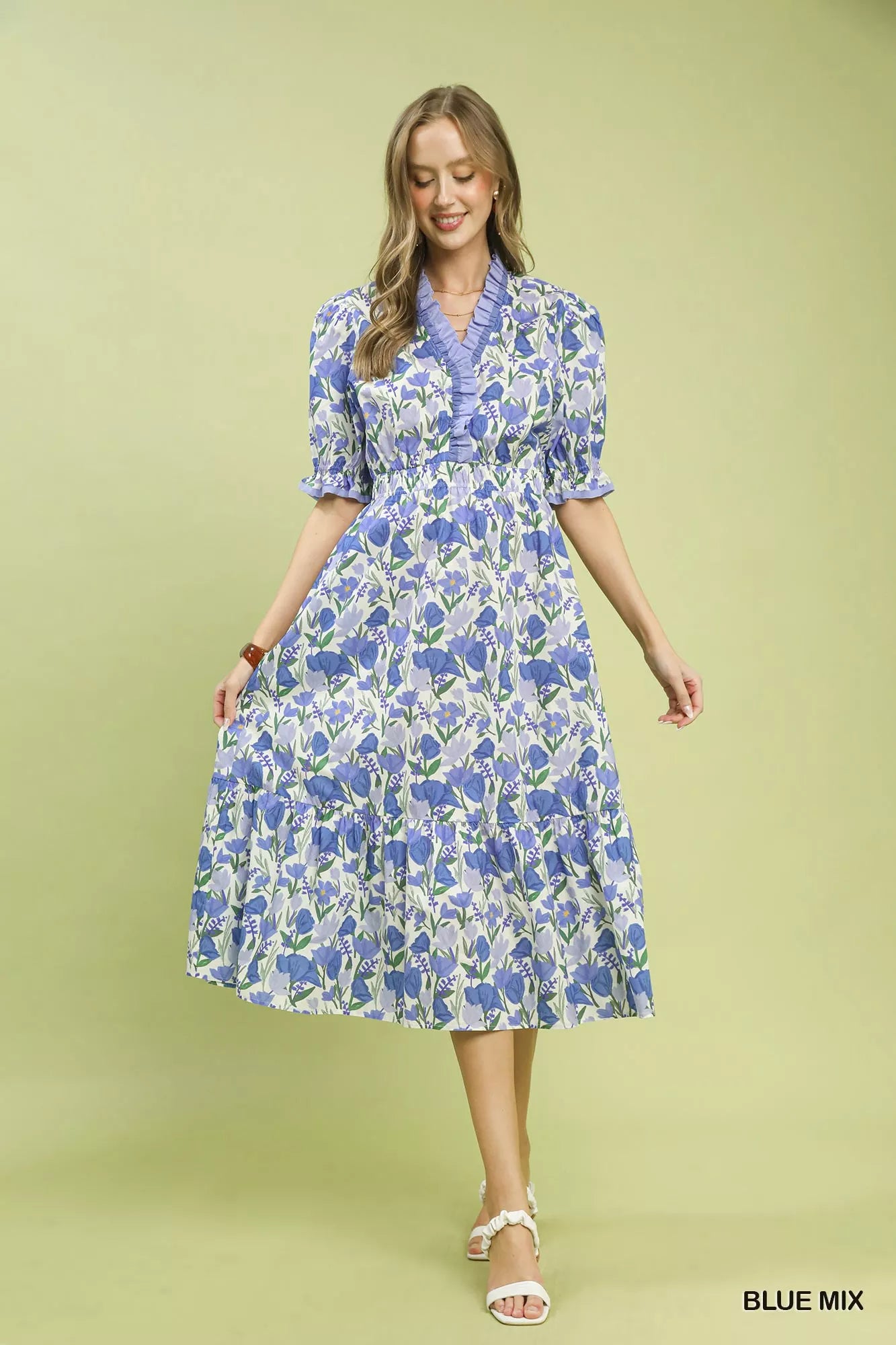 Floral Ruffle Trim Tiered Midi Dress Umgee