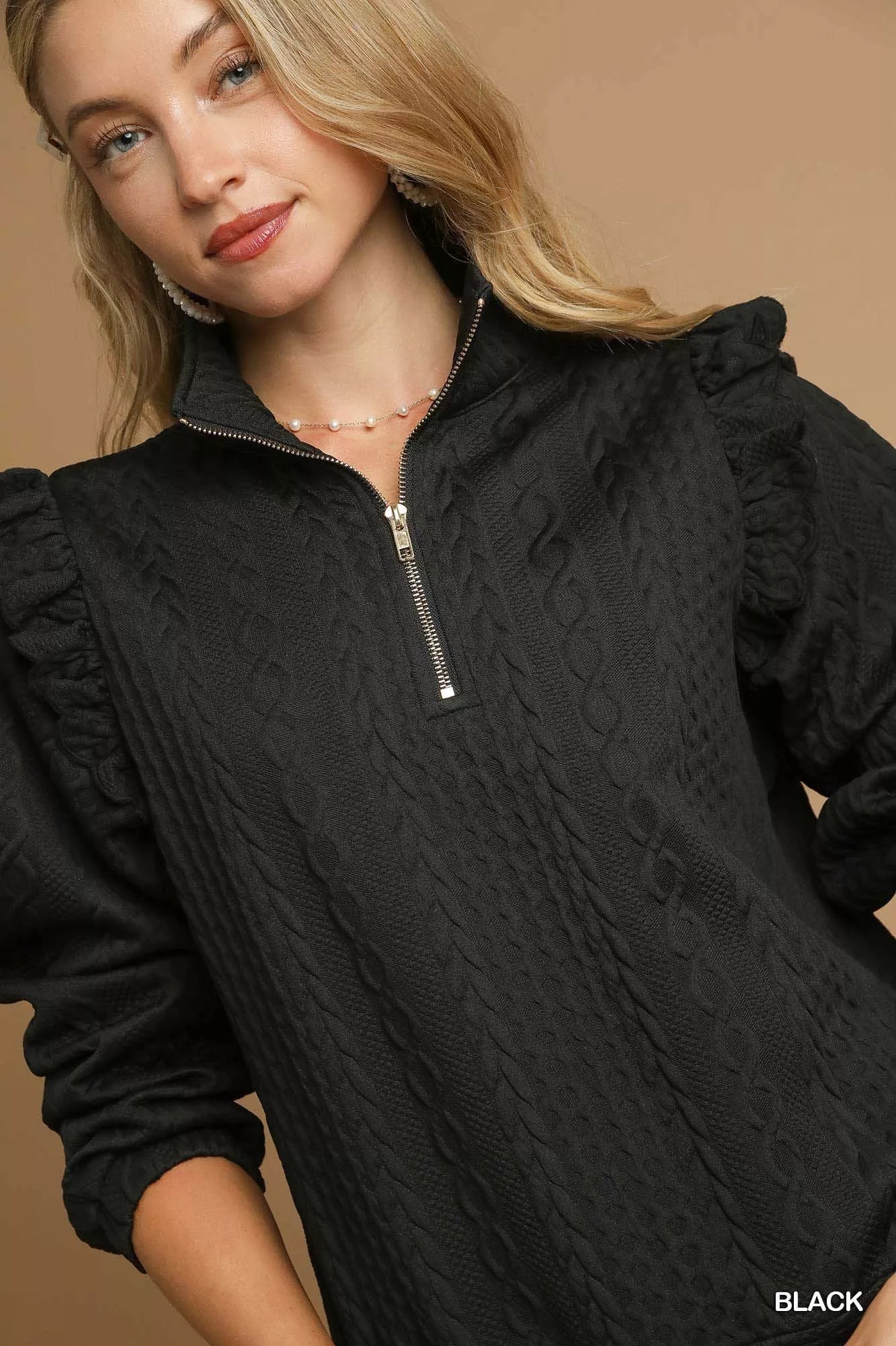 Cable Knit Textured Pullover with Ruffle Shoulders Umgee