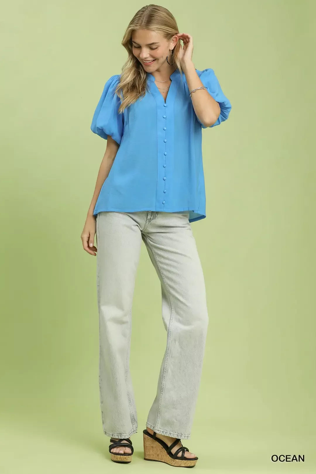 Button-Down Puff Sleeve Shirt Umgee