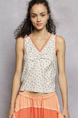 Ruched Floral V-Neck Tank with Lace Detail POL OFF WHITE S